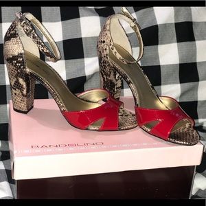 Bandolino Red/Snake Skin Ankle Strap Heels. Size 8